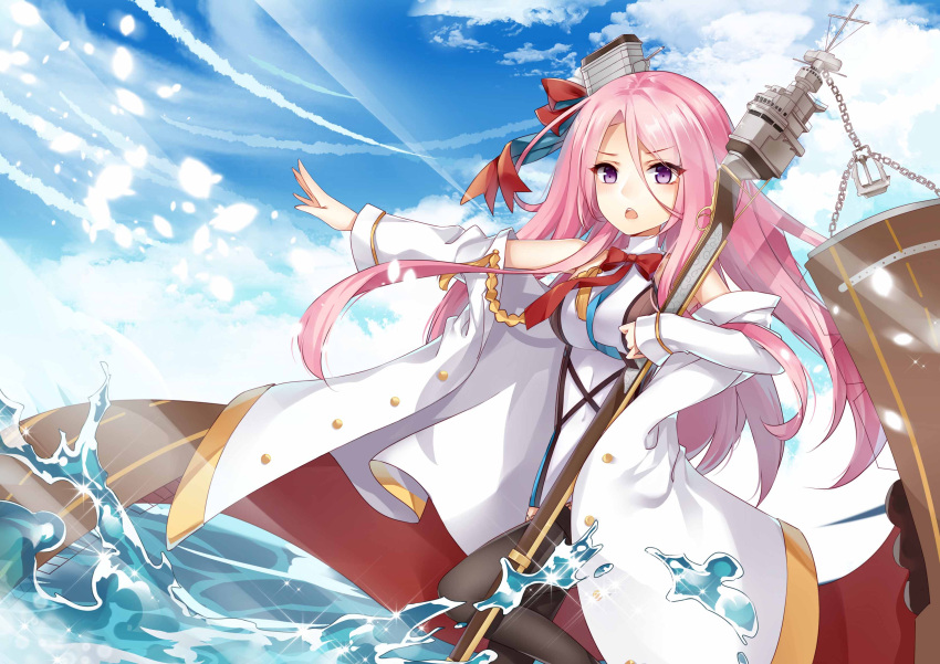 1girl :o absurdres azur_lane black_legwear blue_sky breasts clouds day highres jacket lexington_(azur_lane) long_hair looking_at_viewer medium_breasts ocean outdoors pink_hair sky smokestack solo violet_eyes water white_jacket yuu_li_(glass)