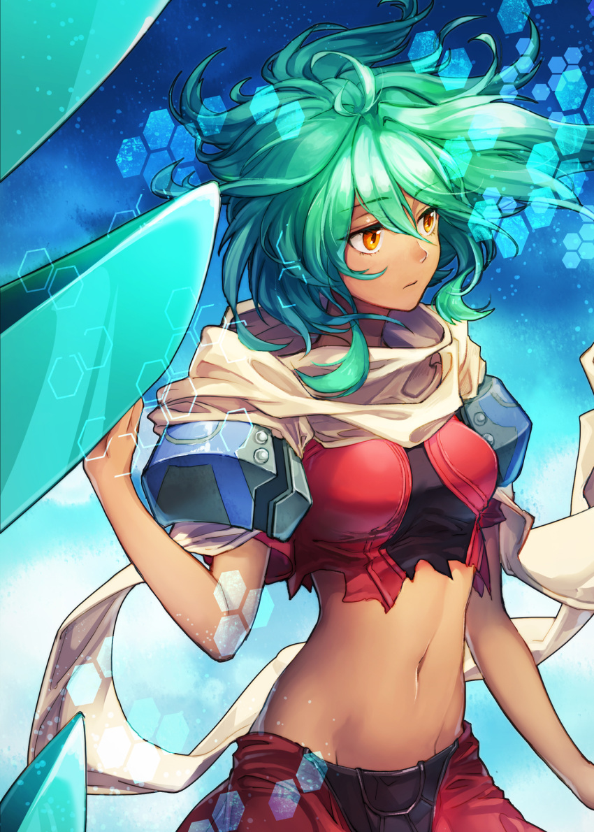 1girl aqua_hair breasts dark_skin emerada_(xenogears) eyebrows_visible_through_hair green_hair hair_between_eyes highres long_hair looking_away looking_to_the_side medium_breasts midriff navel pauldrons scarf shirt short_sleeves solo standing tierra818 torn_clothes wavy_hair white_neckwear xenogears yellow_eyes