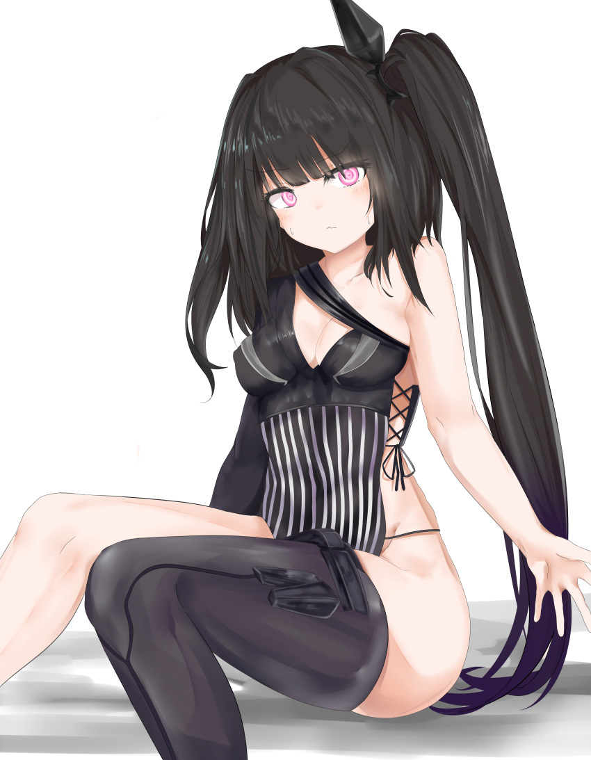 1girl absurdres architect_(girls_frontline) armpit_peek ass asymmetrical_clothes bangs black_hair black_legwear blunt_bangs blush breasts cleavage cleavage_cutout closed_mouth collarbone eyebrows_visible_through_hair eyes_visible_through_hair g-string girls_frontline gradient_hair hair_between_eyes hair_ornament hair_over_shoulder hairband heart heart-shaped_pupils highres knees_together_feet_apart long_hair long_sleeves looking_at_viewer medium_breasts multicolored_hair one_side_up outstretched_arm pale_skin panties pink_eyes ru_zhai sangvis_ferri side-tie_costume side_ponytail sidelocks simple_background single_thighhigh sitting smile solo sweatdrop symbol-shaped_pupils thigh-highs thigh_strap thighs thong underwear very_long_hair violet_eyes wavy_mouth