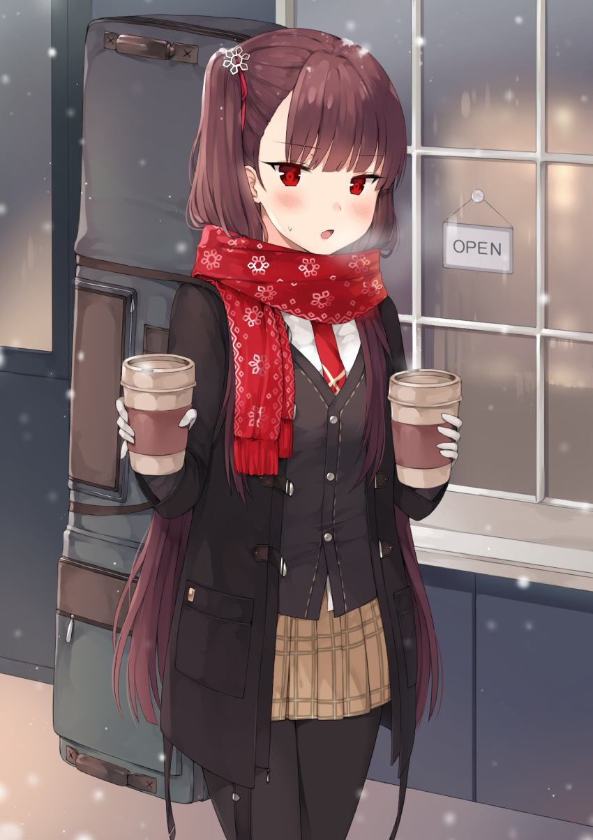 1girl alternate_costume arm_behind_back arm_up bangs belt black_gloves black_legwear blazer blunt_bangs blush breasts breathing brown_hair brown_skirt buckle cafe canape chocolate_hair coat cup eyebrows_visible_through_hair eyes_visible_through_hair girls_frontline gloves hair_ornament hair_ribbon half_updo heavy_breathing highres holding jacket leaning_forward long_hair looking_at_viewer necktie night night_sky offering_drink one_side_up open_clothes open_coat open_mouth open_sign outdoors pantyhose pinky_out pleated_skirt red_eyes red_neckwear red_scarf ribbon scarf side_ponytail skirt sky small_breasts snow snow_on_head snowflake_hair_ornament snowflake_print snowing solo sparkle standing steaming_breath sweatdrop tsundere tsurime very_long_hair wa2000_(girls_frontline) weapon_bag white_gloves window