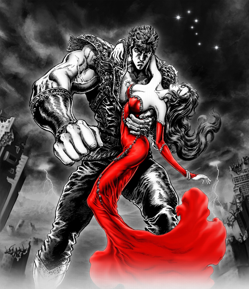 1boy 1girl breasts building cleavage closed_eyes clouds cloudy_sky constellation dress greyscale hara_tetsuo highres hokuto_no_ken kenshirou large_breasts lightning monochrome muscle official_art red_dress ruins serious sky spot_color star_(sky) strapless strapless_dress veins yuria_(hokuto_no_ken)