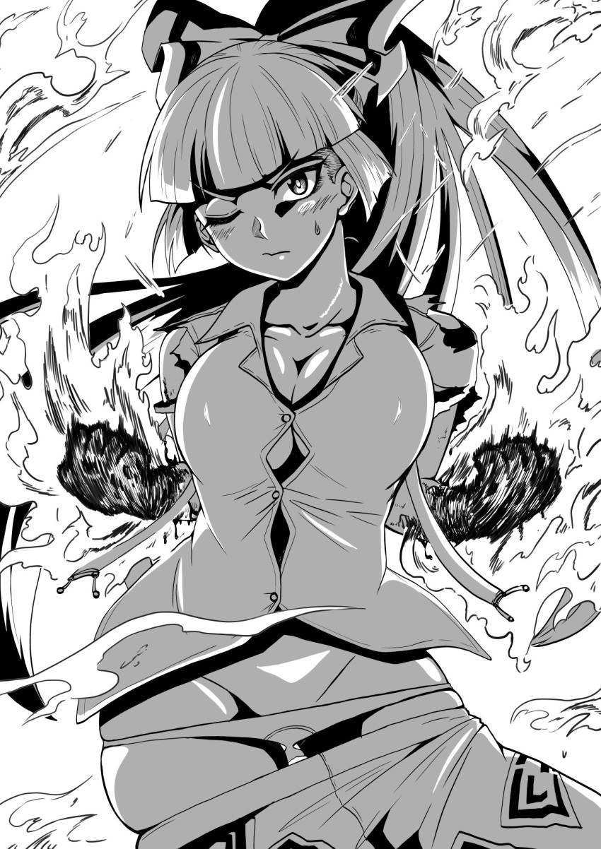 bangs blunt_bangs blush breasts burning cleavage clenched_hands dress_shirt erect_nipples fire fujiwara_no_mokou greyscale groin highres himajin_no_izu large_breasts long_hair monochrome one_eye_closed panties panty_pull ponytail shirt skindentation suspenders sweat touhou underwear white_background