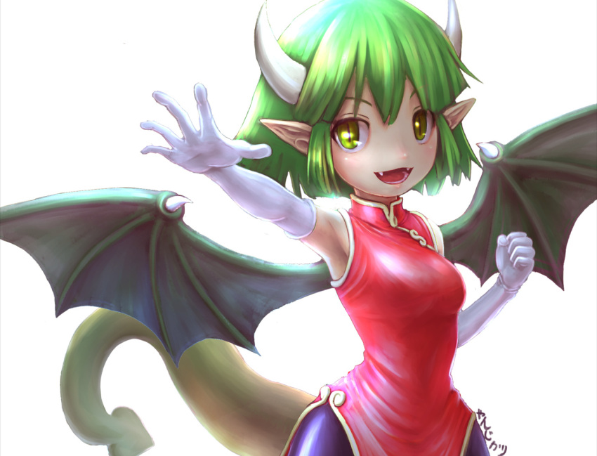 :d brown_eyes clenched_hand draco_centauros dragon_girl dragon_tail dragon_wings elbow_gloves fangs gloves green_hair horns looking_at_viewer open_mouth outstretched_hand pointy_ears puyopuyo short_hair smile solo standing tail white_background white_gloves wings yanzikatu