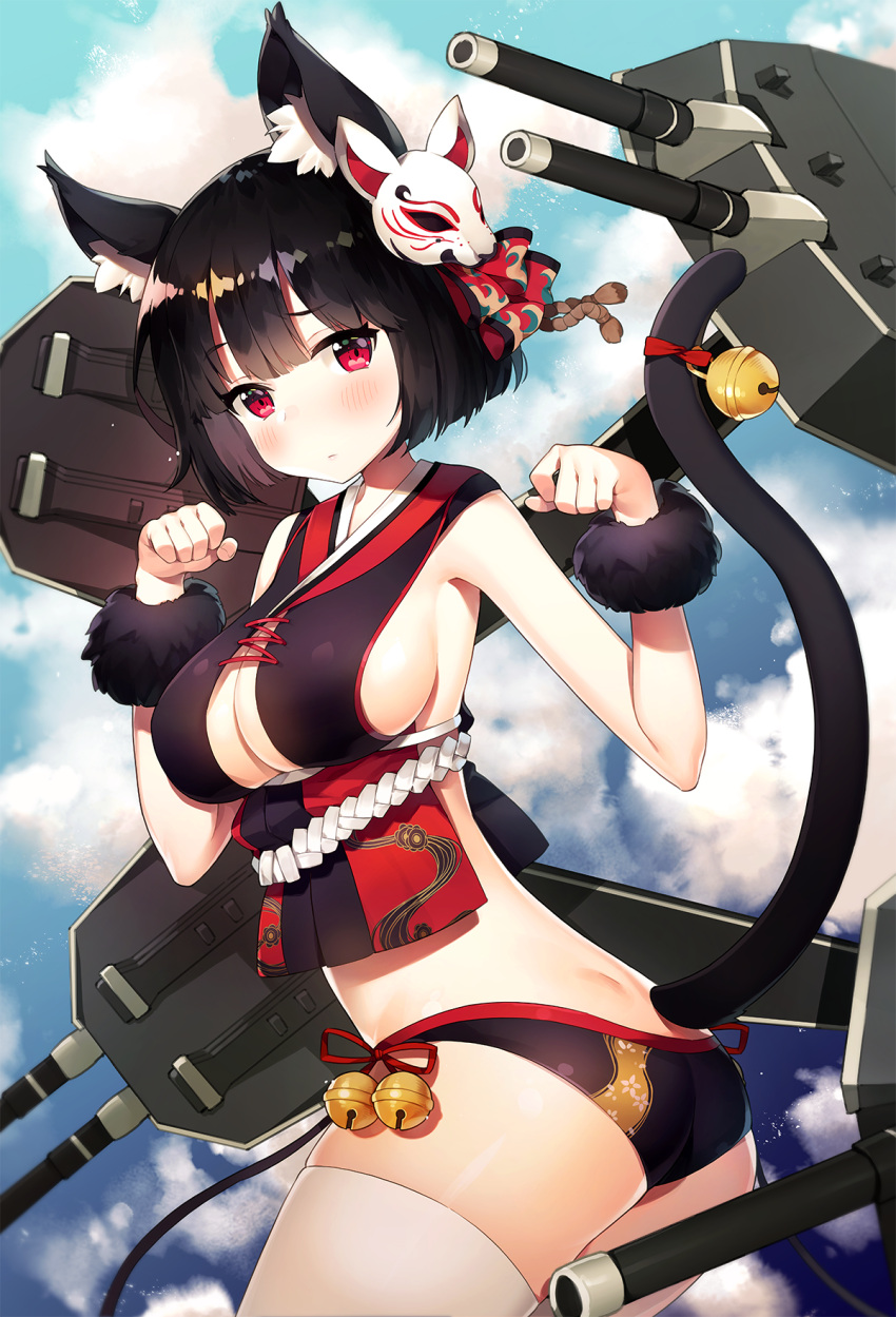 1girl animal_ears ayami azur_lane bell black_hair black_panties blush breasts cat_ears cat_tail closed_mouth clouds cowboy_shot day dimples_of_venus eyebrows_visible_through_hair fox_mask from_side highres jingle_bell large_breasts looking_at_viewer machinery mask outdoors panties paw_pose red_eyes short_hair sky solo standing tail tail_bell underwear yamashiro_(kantai_collection)