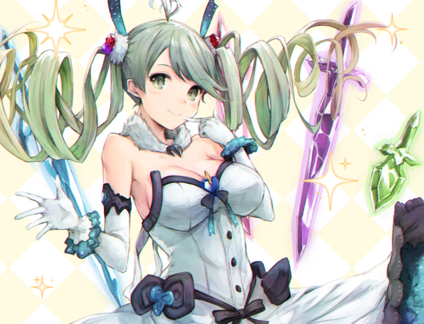 1girl breasts collar commentary de_la_fille dress drill_hair elbow_gloves gem gloves gradient_hair granblue_fantasy green_eyes green_hair hair_ornament hand_on_own_face jewelry koretsuki_azuma large_breasts multicolored_hair smile sparkle strapless strapless_dress twintails weapon
