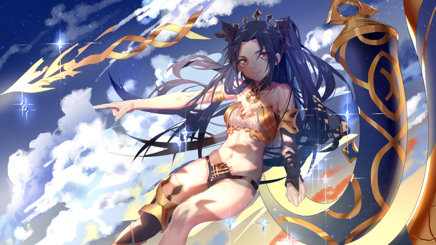 1girl black_hair breasts fate/grand_order fate_(series) highres ishtar_(fate/grand_order) long_hair looking_at_viewer medium_breasts navel orange_eyes pointing_to_the_side qifenling_liumiao single_detached_sleeve single_thighhigh smile solo thigh-highs