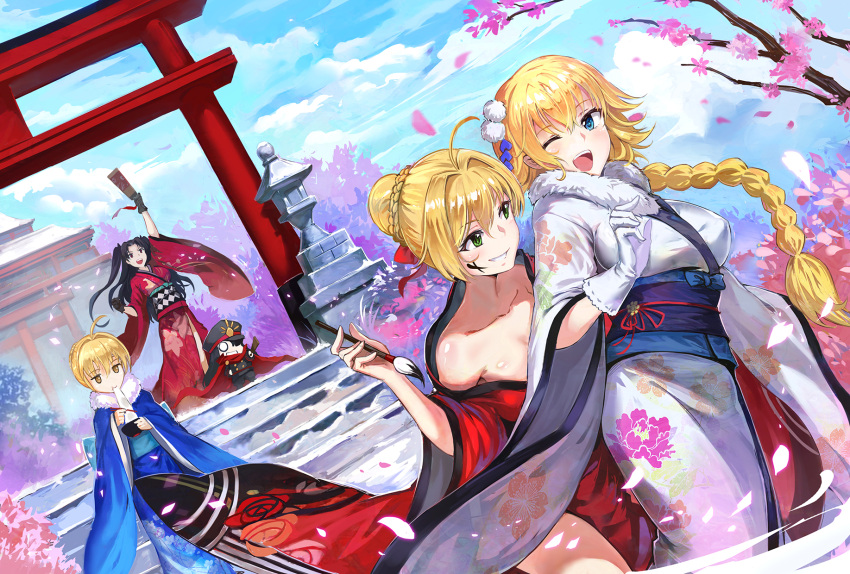 5girls ahoge alternate_costume architecture artoria_pendragon_(all) black_gloves black_hair blonde_hair blue_cape blue_eyes blue_kimono bow breasts cape day east_asian_architecture fate/grand_order fate_(series) floral_print fur_trim gloves green_eyes hair_bow hair_bun hair_intakes highres ishtar_(fate/grand_order) japanese_clothes jeanne_d'arc_(fate) jeanne_d'arc_(fate)_(all) karasu_kame_ex kimono large_breasts long_braid long_hair multiple_girls nero_claudius_(fate) nero_claudius_(fate)_(all) obi oda_nobunaga_(fate) off_shoulder one_eye_closed open_mouth outdoors red_bow red_kimono saber sash sky smile tohsaka_rin two_side_up white_gloves white_kimono wide_sleeves