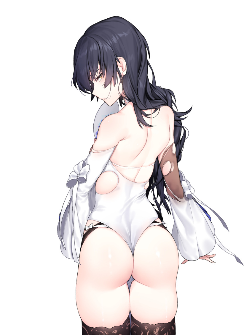 1girl absurdres arm_at_side armpit_peek ass bangs bare_shoulders black_hair blush bow chinese chinese_clothes choker dress fan from_behind girls_frontline hair_between_eyes hair_ornament hair_over_shoulder half-closed_eyes highres holding holding_fan lace lace-trimmed_thighhighs lace_choker long_hair long_sleeves looking_at_viewer looking_back mgim2285 panties parted_lips qbz-95_(girls_frontline) ribbon shiny shiny_skin shoulder_blades side-tie_panties sidelocks simple_background skindentation solo thigh-highs thighs torn_clothes underwear white_background white_bow white_dress white_panties white_ribbon wide_sleeves
