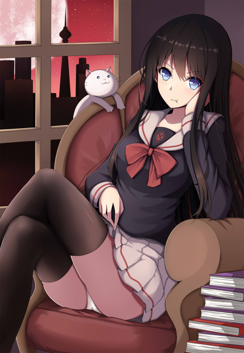 1girl :3 :t arm_rest armchair ass bangs black_hair black_legwear black_shirt blue_eyes blush book_stack bow bowtie cat chair cityscape closed_mouth eyebrows_visible_through_hair feet_out_of_frame full_moon hand_on_own_cheek highres indoors legs_crossed lifted_by_self long_hair long_sleeves looking_at_viewer lucky_keai moon original panties pleated_skirt pout red_bow red_neckwear red_sky school_uniform serafuku shirt sidelocks sitting skirt skirt_lift sky solo star_(sky) starry_sky straight_hair thigh-highs underwear upper_body v-shaped_eyebrows very_long_hair white_cat white_panties window