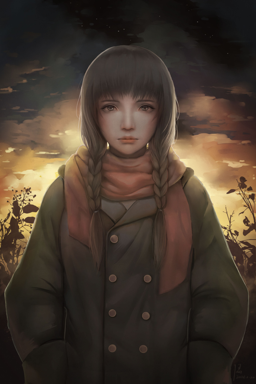 1girl absurdres backlighting braid brown_eyes brown_hair clouds coat commentary_request di_qiu_wang_shi diandianzai hands_in_pockets highres lips long_hair looking_at_viewer nose outdoors sad scarf sky solo sunset twin_braids upper_body