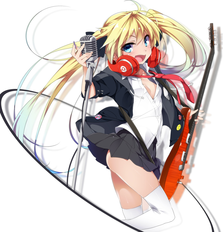 1girl :d ahoge black_jacket black_skirt blonde_hair blue_eyes blue_hair blurry blush button_eyes depth_of_field drawstring electric_guitar eyebrows_visible_through_hair gradient_hair guitar headphones headphones_around_neck highres holding instrument jacket leg_up long_hair looking_at_viewer microphone microphone_stand mtu_(orewamuzituda) multicolored_hair necktie no_bra open_clothes open_jacket open_mouth original partially_unbuttoned pleated_skirt plectrum red_neckwear shiny shiny_skin shirt short_sleeves simple_background single_hair_intake skirt smile smiley_face smoke solo standing standing_on_one_leg thigh-highs twintails v-shaped_eyebrows white_background white_legwear white_shirt
