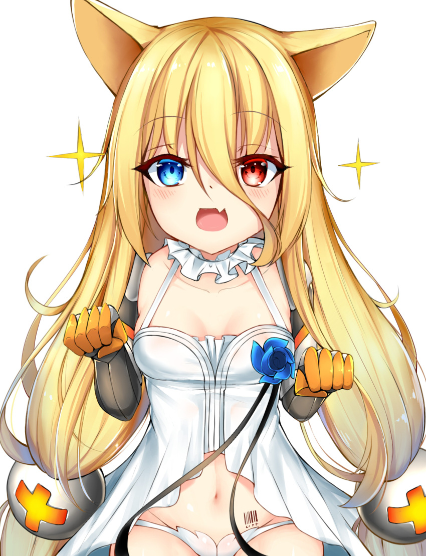 1girl :d animal_ears babydoll bangs blue_eyes blush breasts chixiao collar collarbone commentary_request eyebrows_visible_through_hair fang flower fox_ears frilled_collar frills g41_(girls_frontline) gauntlets girls_frontline hair_between_eyes heterochromia highres long_hair looking_at_viewer low-tied_long_hair low_twintails medium_breasts navel open_mouth panties red_eyes red_flower simple_background smile solo sparkle twintails underwear very_long_hair white_background white_panties
