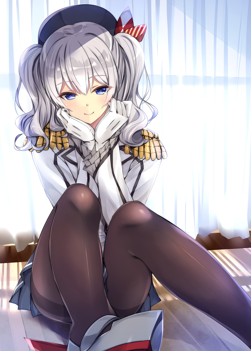 1girl beret black_hat black_skirt blue_eyes day epaulettes eyebrows_visible_through_hair frilled_sleeves frills gloves hands_on_own_cheeks hands_on_own_face hat highres indoors jacket kantai_collection kashima_(kantai_collection) kobayashi_chisato long_hair long_sleeves looking_at_viewer pantyhose pleated_skirt shadow shoes silver_hair sitting skirt smile solo thighband_pantyhose twintails uniform white_gloves white_jacket window