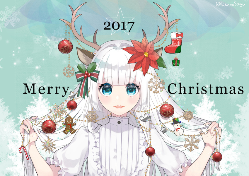 1girl 2017 animal_ears antlers bangs blue_eyes blunt_bangs blush box candy candy_cane christmas christmas_ornaments christmas_stocking chrysanthemum english eyebrows_visible_through_hair flower food frilled_sleeves frills gift gift_box gingerbread_man green_background hair_flower hair_ornament hand_in_hair holding holding_hair holly kanno_sayu long_hair looking_at_viewer merry_christmas number original parted_lips reindeer_antlers reindeer_ears shirt short_sleeves smile snowflakes solo star twitter_username upper_body very_long_hair white_hair white_shirt