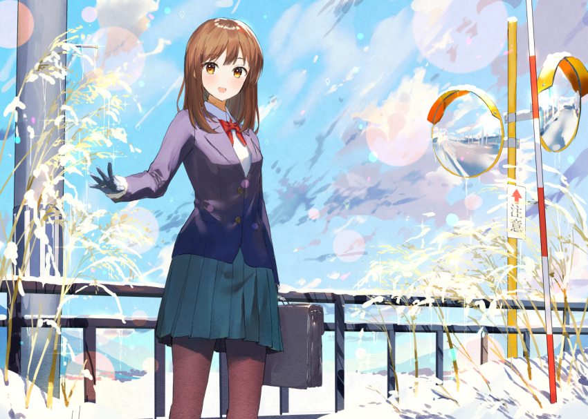 1girl :d akamizuki_(akmzk) aqua_skirt bangs black_gloves black_jacket blazer blue_sky bow bowtie breasts brown_hair brown_legwear buttons clouds day eyebrows fur-trimmed_sleeves fur_trim gloves holding jacket lens_flare long_hair long_sleeves looking_at_viewer mirror open_mouth original outdoors pantyhose plaid plant pole railing red_bow red_neckwear road_sign school_briefcase shirt sign sky smile snow solo standing straight_hair white_shirt winter yellow_eyes