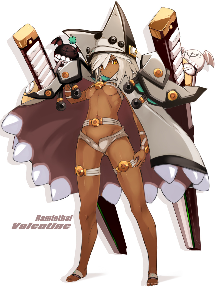 1girl bangs bat_wings beltbra black_hat breasts brown_cape buckle cape character_name clover colored_eyelashes commentary_request dark_skin familiar four-leaf_clover full_body groin guilty_gear guilty_gear_xrd hair_between_eyes hand_up hat highres huge_weapon karukan_(monjya) legs_apart looking_at_viewer medium_breasts medium_hair nail_polish navel orange_eyes parted_lips pauldrons ramlethal_valentine ribbon serious shadow shiny shiny_skin short_shorts shorts simple_background solo standing stomach sword teeth thigh_strap toenail_polish under_boob weapon white_background white_belt white_cape white_hair white_hat white_nails white_shorts wings wrist_ribbon