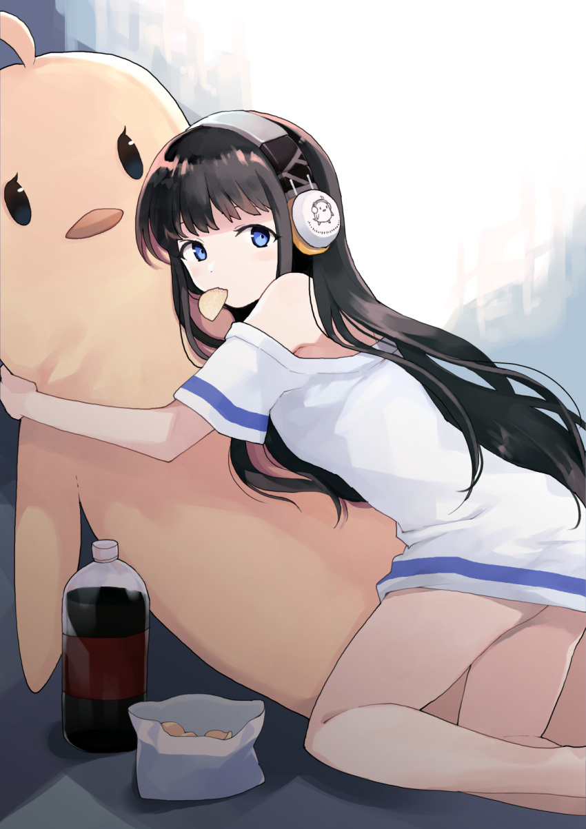 1girl azur_lane bare_shoulders blue_eyes bottle brown_hair chips closed_mouth food from_side fuco headphones highres kneeling leaning_forward long_hair long_island_(azur_lane) looking_at_viewer mouth_hold off_shoulder potato_chips shirt solo stuffed_chicken very_long_hair white_shirt