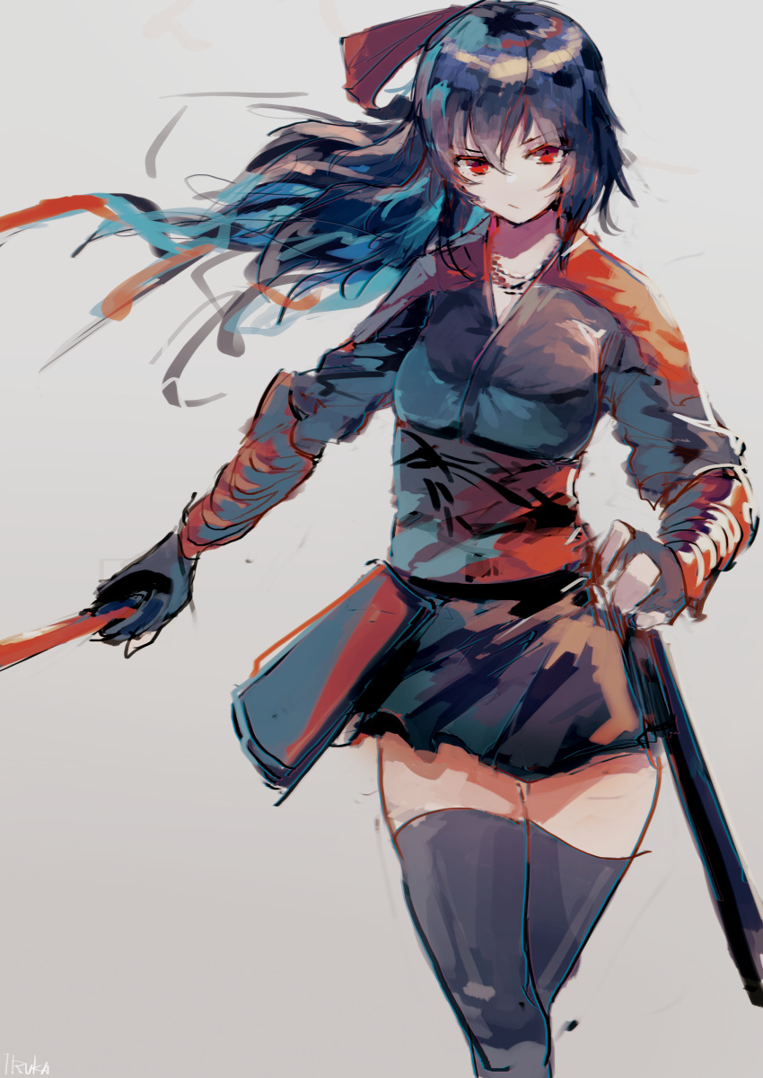 1girl absurdres black_hair commentary_request highres irikawa katana long_hair raven_branwen red_eyes rwby sketch solo sword thigh-highs unsheathed weapon