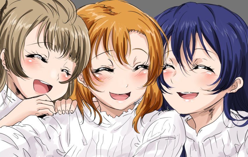 3girls bangs blue_hair blush brown_eyes closed_eyes closed_mouth commentary_request grey_hair hair_between_eyes hands_on_another's_shoulders highres kousaka_honoka long_hair looking_at_viewer love_live! love_live!_school_idol_project minami_kotori multiple_girls open_mouth orange_hair sandwiched shirt shogo_(4274732) simple_background smile sonoda_umi upper_body white_shirt