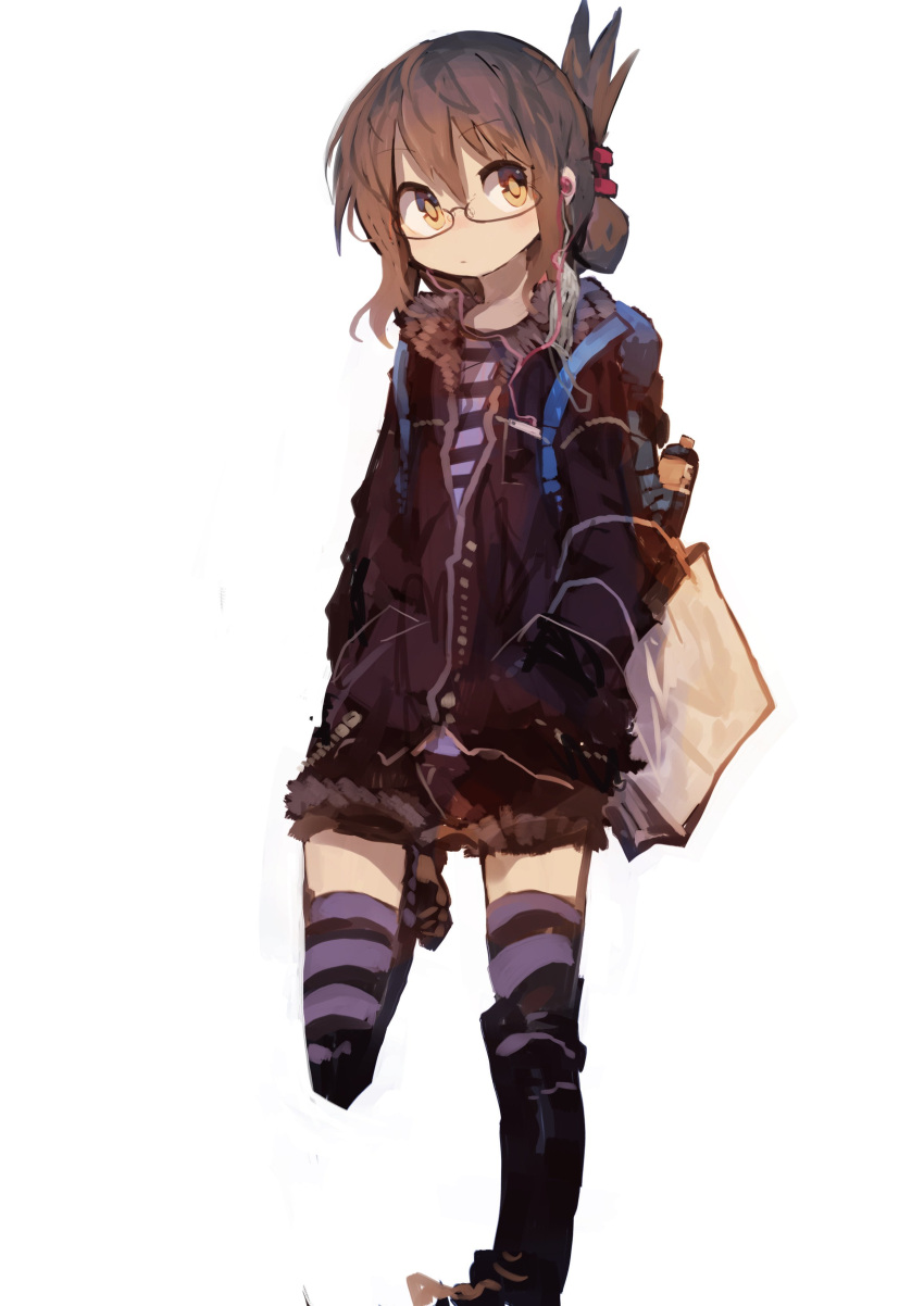 1girl absurdres backpack bag bespectacled bottle brown_eyes brown_hair casual commentary earphones earphones expressionless folded_ponytail fur_trim glasses hands_in_pockets highres inazuma_(kantai_collection) jacket kaamin_(mariarose753) kantai_collection shirt shorts simple_background solo striped striped_legwear striped_shirt thigh-highs walking white_background