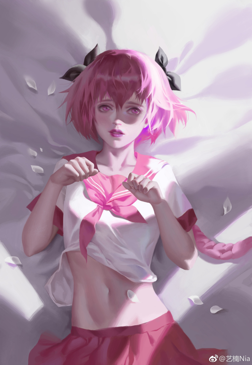 1boy absurdres arms_up astolfo_(fate) bangs black_bow bow fate/grand_order fate_(series) from_above hair_between_eyes hair_bow highres looking_at_viewer lying male_focus navel neckerchief on_back on_bed paw_pose petals pink_eyes pink_hair pink_neckwear pink_sailor_collar pink_skirt purple_lips sailor_collar shirt short_sleeves skirt solo stomach teeth trap white_bed_sheet white_petals white_shirt y_xun
