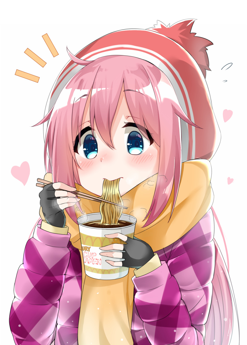 1girl bangs beanie black_gloves blue_eyes blush cacao_(chocolat) chopsticks closed_mouth commentary_request eyebrows_visible_through_hair fingerless_gloves flying_sweatdrops food food_in_mouth gloves hair_between_eyes hat heart highres holding holding_chopsticks jacket kagamihara_nadeshiko long_sleeves looking_at_viewer noodles pink_hair pink_jacket plaid_jacket ramen red_hat scarf sidelocks simple_background slurping solo steam white_background yellow_scarf yurucamp