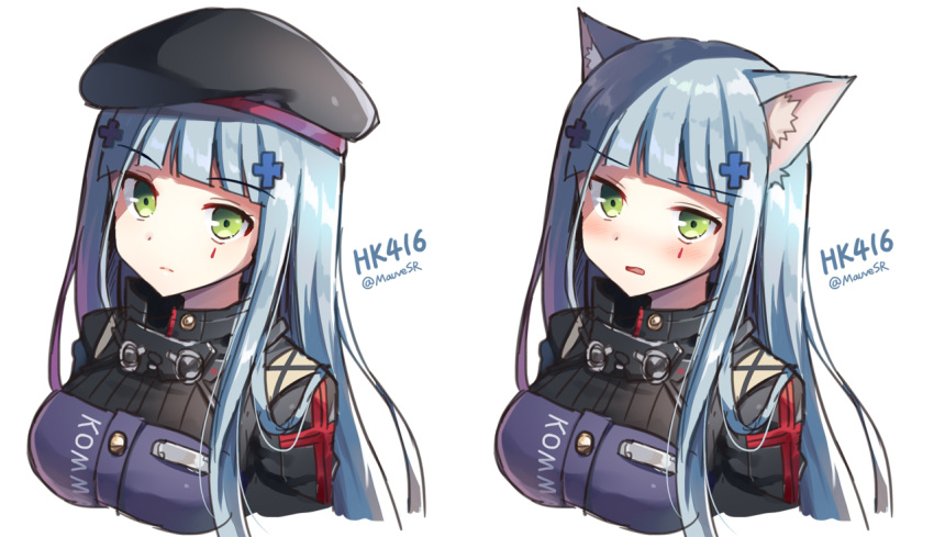 bangs beret black_hat black_jacket blue_hair blush breasts closed_mouth eyebrows_visible_through_hair facial_mark girls_frontline green_eyes hair_ornament hat hk416_(girls_frontline) jacket long_hair looking_at_viewer mauve medium_breasts multiple_views parted_lips simple_background twitter_username very_long_hair white_background