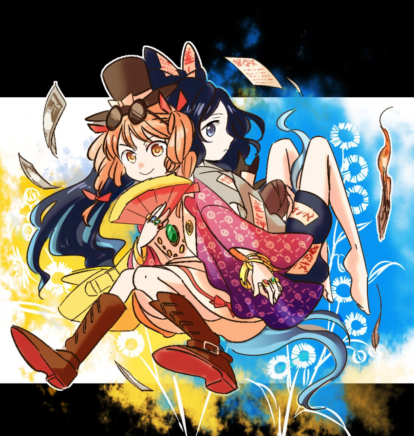 2girls aura bag barefoot blue_eyes blue_hair boots bow brown_footwear commentary_request cup drill_hair eyewear_on_head fan flower folding_fan hair_bow hand_holding hat hat_bow highres holding holding_cup holding_fan interlocked_fingers jewelry looking_at_viewer multiple_girls necklace ofuda orange_eyes orange_hair paper red_bow ring short_sleeves siblings sisters smile stuffed_animal stuffed_toy sunglasses top_hat touhou twin_drills white_bow yamato_junji yorigami_jo'on yorigami_shion