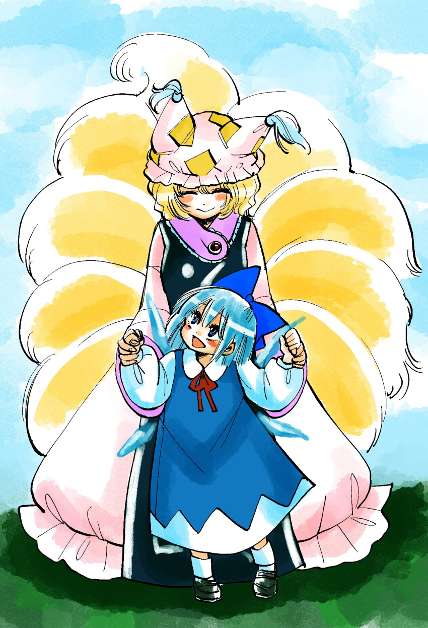 2girls :&gt; black_footwear blonde_hair blue_bow blue_dress blue_hair blush bow cirno closed_eyes commentary_request dress facing_down fox_tail frilled_dress frills hair_bow hat highres ice ice_wings komaku_juushoku long_sleeves looking_at_another looking_up multiple_girls multiple_tails pillow_hat puffy_long_sleeves puffy_sleeves red_neckwear short_hair smile socks tabard tail touhou white_dress white_hat white_legwear wide_sleeves wings yakumo_ran