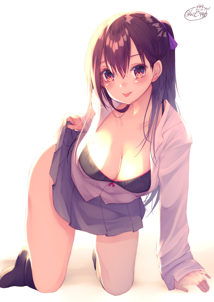 1girl all_fours arm_support bangs black_bra black_legwear blush bow bow_bra bra breasts brown_eyes brown_hair chita_(ketchup) closed_mouth collarbone commentary_request eyebrows_visible_through_hair full_body grey_skirt hair_between_eyes hair_ribbon highres kneehighs large_breasts lifted_by_self long_sleeves looking_at_viewer no_shoes open_clothes open_shirt original pleated_skirt purple_ribbon ribbon shirt simple_background skirt skirt_lift solo tongue tongue_out underwear white_background white_shirt