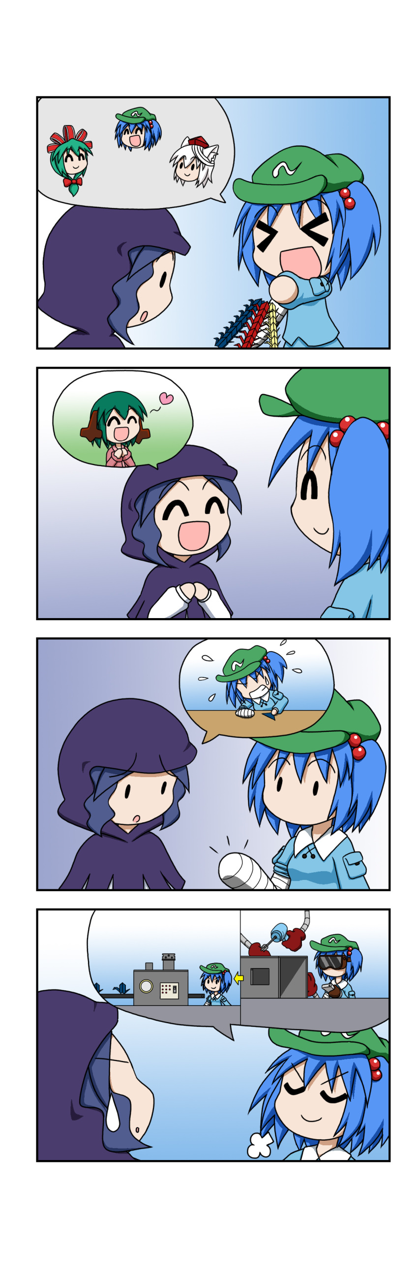 &gt;_&lt; 4koma 5girls ^_^ absurdres animal_ears bandage bandaged_arm bandaged_head blue_hair closed_eyes comic front_ponytail gloves goggles gradient gradient_background green_hair habit hair_bobbles hair_ornament hat heart highres kagiyama_hina kasodani_kyouko kawashiro_nitori kumoi_ichirin machinery multiple_girls open_mouth origami paper_crane pocket rakugaki-biyori smile spoken_character sweatdrop tokin_hat touhou white_hair wolf_ears