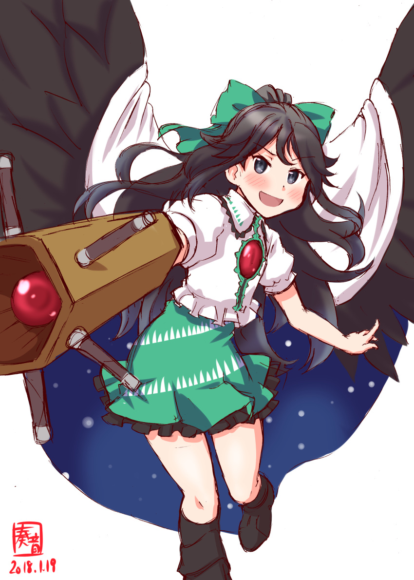 1girl absurdres arm_cannon bird_wings black_eyes black_hair black_wings bow cosplay dated dress frilled_skirt frills full_body green_bow green_skirt hair_bow highres kanon_(kurogane_knights) kantai_collection katsuragi_(kantai_collection) logo long_hair look-alike looking_at_viewer perspective puffy_short_sleeves puffy_sleeves reiuji_utsuho reiuji_utsuho_(cosplay) short_sleeves simple_background skirt solo touhou weapon white_background wings