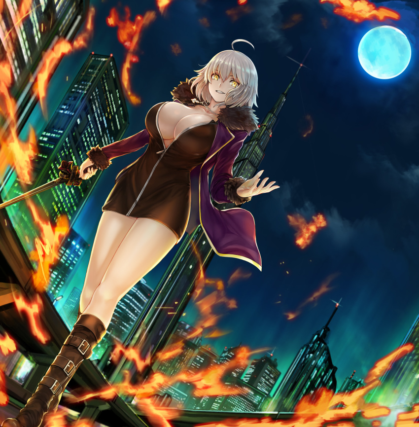 ahoge blonde_hair boots breasts building city cleavage fate/grand_order fate_(series) fire highres jeanne_d'arc_(alter)_(fate) jeanne_d'arc_(fate)_(all) large_breasts legs long_legs mhg_(hellma) moon night_sky sky skyscraper sword thighs weapon yellow_eyes