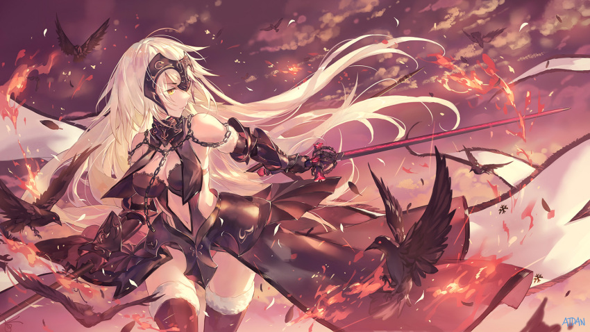 1girl armor armored_dress artist_name atdan bangs bird black_dress blonde_hair breasts chains cleavage clouds cowboy_shot crow dress elbow_gloves fate/grand_order fate_(series) fire fur_trim gauntlets gloves headpiece highres holding holding_sword holding_weapon jeanne_d'arc_(alter)_(fate) jeanne_d'arc_(fate)_(all) long_hair looking_away medium_breasts navel navel_cutout outdoors outstretched_arm polearm sky solo standing sword thigh-highs twilight weapon wind yellow_eyes