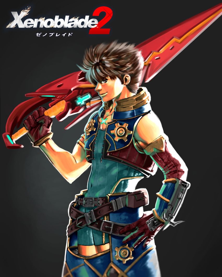 1boy absurdres artist_request blade bodysuit breasts brown_hair crotchless_pants fingerless_gloves gloves highres large_breasts male_focus nintendo rex_(xenoblade_2) short_hair simple_background smile solo switch sword weapon xenoblade xenoblade_2
