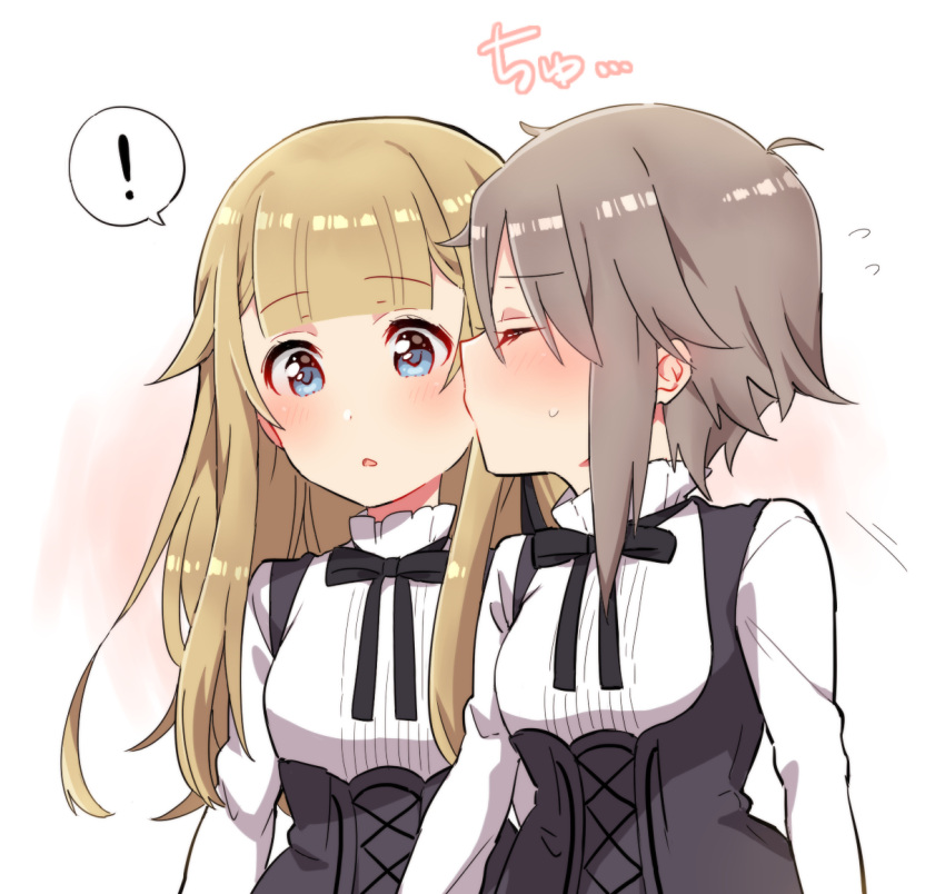 ! 2girls ange_(princess_principal) bangs black_dress blonde_hair blue_eyes blunt_bangs blush cheek_kiss closed_eyes dress eyebrows_visible_through_hair flying_sweatdrops grey_hair hair_flaps kiss long_hair long_sleeves merry_(168cm) multiple_girls parted_lips princess_(princess_principal) princess_principal school_uniform shirt spoken_exclamation_mark sweat translation_request very_long_hair white_shirt yuri