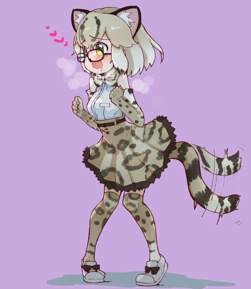 animal_ears blush bow cat_ears commentary_request eyebrows_visible_through_hair fang glasses highres kemono_friends margay_(kemono_friends) margay_print saliva skirt steaming_breath tail_wagging teranekosu thigh-highs tiptoes