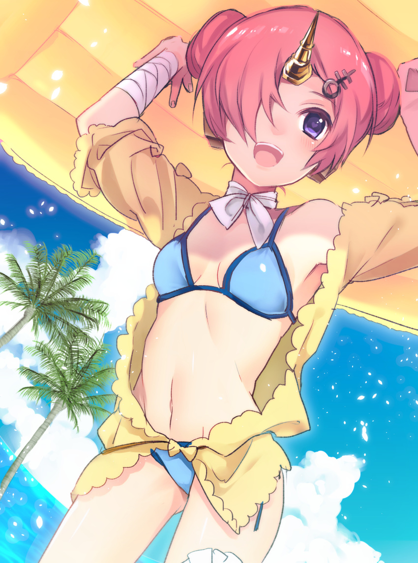 1girl arms_up bikini blue_bikini blue_sky breasts choker cleavage clouds cowboy_shot day double_bun dutch_angle fate/grand_order fate_(series) frankenstein's_monster_(swimsuit_saber)_(fate) from_below gluteal_fold groin hair_over_one_eye highres horn navel open_mouth outdoors palm_tree redhead ribbon ribbon_choker shinoko short_hair sky small_breasts solo standing swimsuit tree violet_eyes white_ribbon