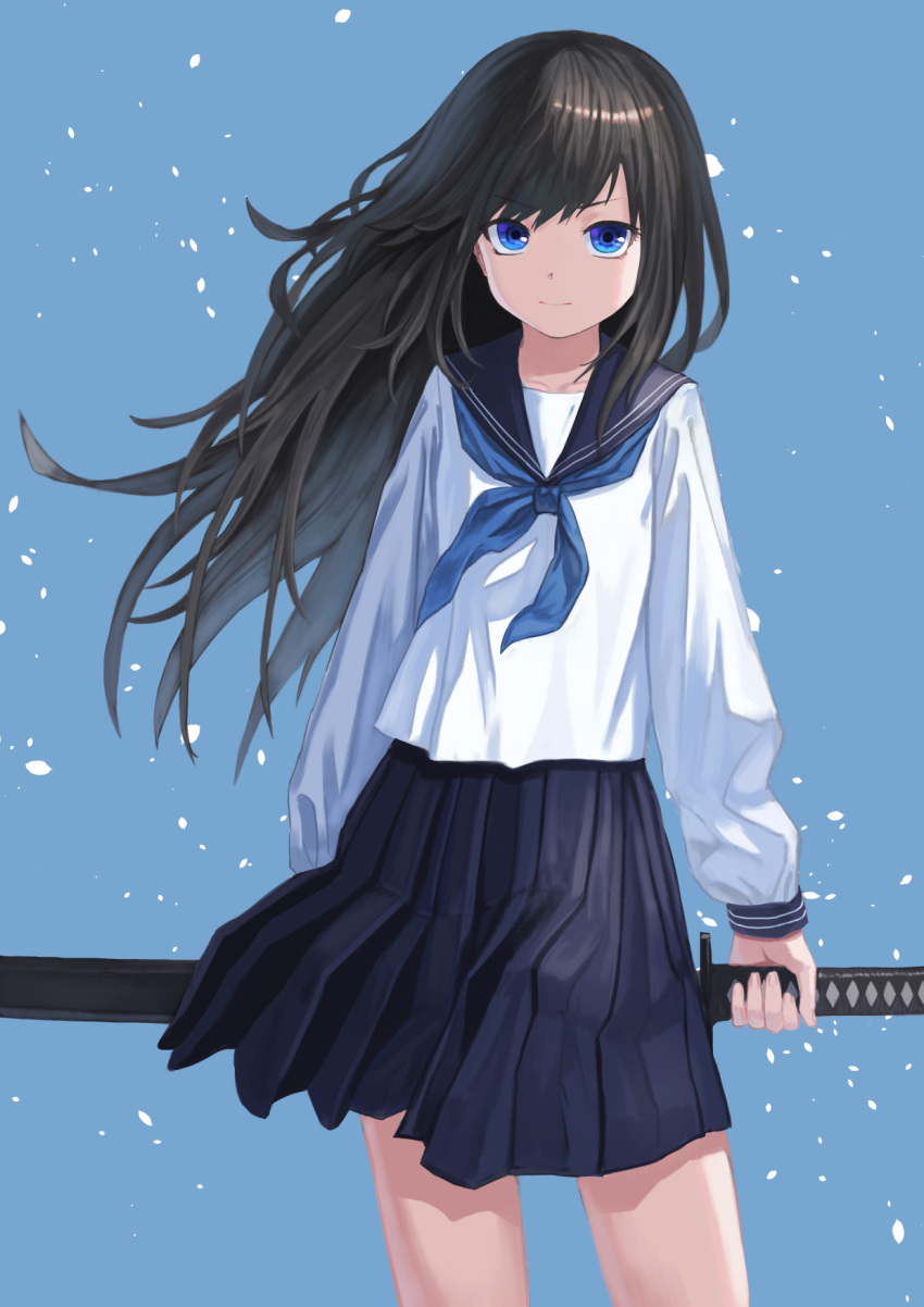 1girl bangs black_hair blue_background blue_eyes blue_skirt closed_mouth commentary_request cowboy_shot eyebrows_visible_through_hair highres holding holding_sword holding_weapon katana long_hair long_sleeves looking_at_viewer original pleated_skirt scabbard school_uniform serafuku sheath sheathed shirt skirt solo sword very_long_hair wasabi60 weapon white_shirt