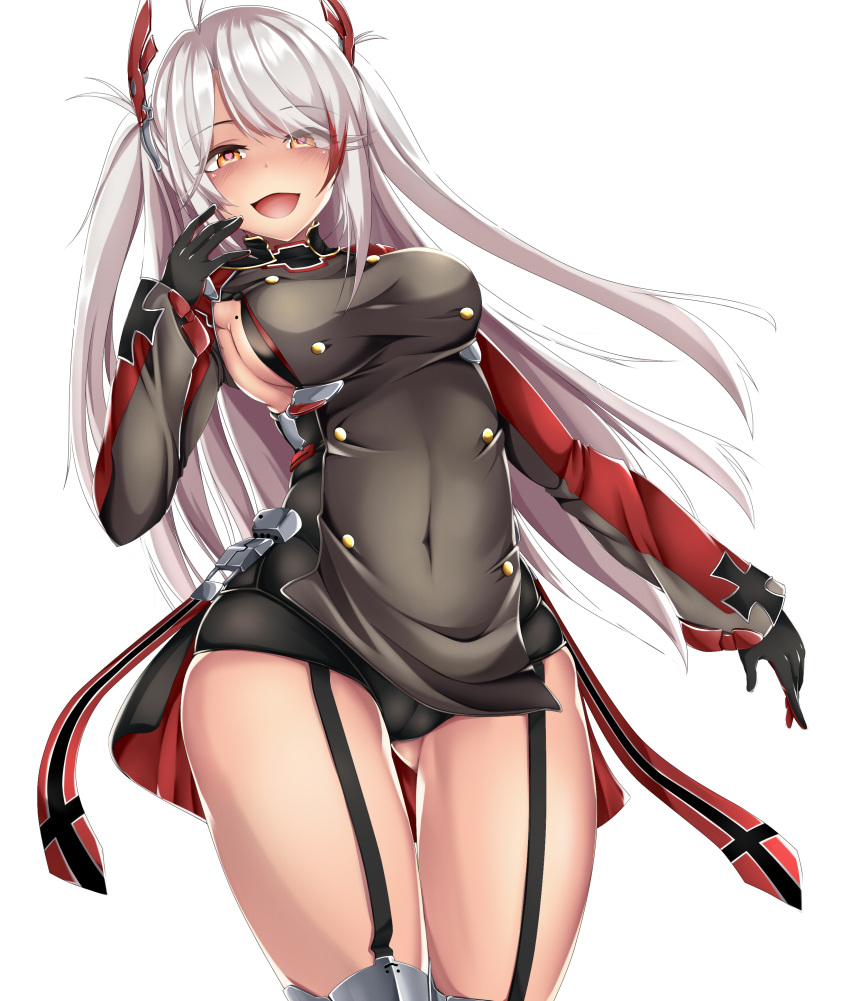 1girl :d absurdres azur_lane bangs black_gloves black_panties blush breasts brown_eyes contrapposto covered_navel eyebrows_visible_through_hair garter_straps gloves gluteal_fold heart heart-shaped_pupils highres kana616 large_breasts long_hair long_sleeves looking_at_viewer mole mole_on_breast multicolored_hair nose_blush open_mouth panties prinz_eugen_(azur_lane) redhead silver_hair simple_background smile solo standing streaked_hair swept_bangs symbol-shaped_pupils two_side_up underwear very_long_hair white_background