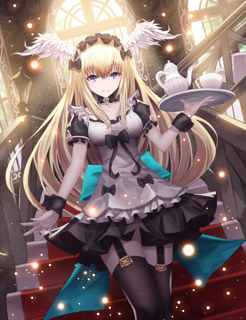 1girl absurdres artist_request black_legwear blonde_hair breasts character_request cleavage copyright_request cup eyebrows fringe highres holding indoors long_hair looking_at_viewer maid maid_headdress plate smile stairs standing violet_eyes window wings