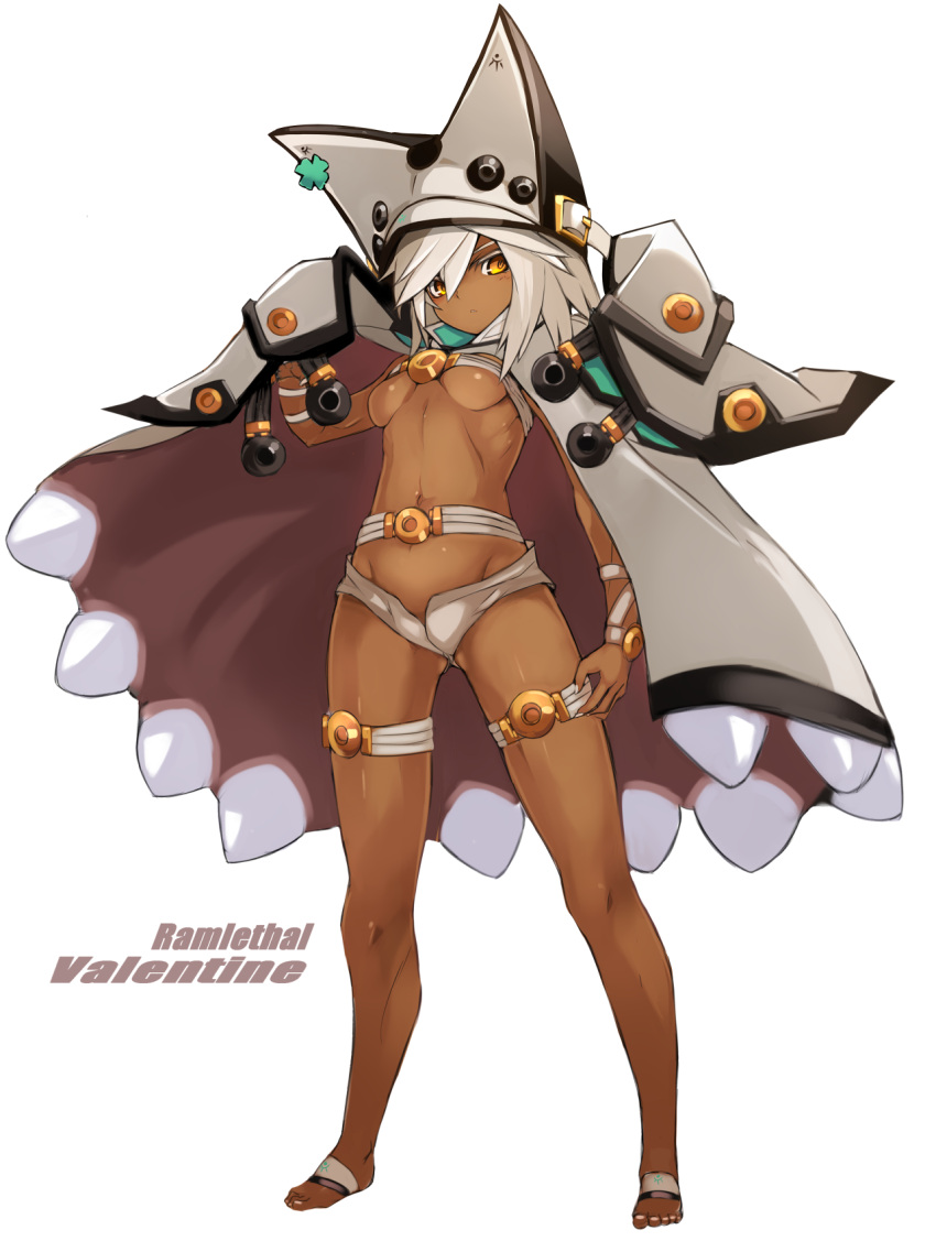 1girl bangs beltbra black_hat breasts brown_cape buckle cape character_name clover colored_eyelashes dark_skin four-leaf_clover full_body groin guilty_gear guilty_gear_xrd hair_between_eyes hand_up hat highres karukan_(monjya) legs_apart looking_at_viewer medium_breasts medium_hair nail_polish navel orange_eyes parted_lips pauldrons ramlethal_valentine ribbon serious shadow shiny shiny_skin short_shorts shorts simple_background solo standing stomach teeth thigh_strap toenail_polish under_boob white_background white_belt white_cape white_hair white_hat white_nails white_shorts wrist_ribbon