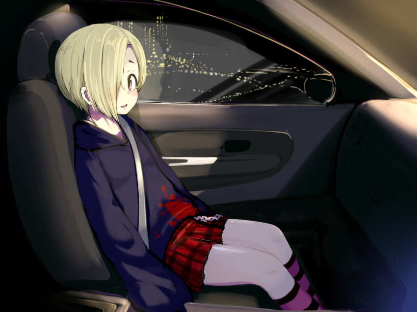 1girl blonde_hair blood blood_stain blush car_interior chains city_lights cityscape commentary_request hair_over_one_eye highres hood hoodie idolmaster idolmaster_cinderella_girls kneehighs looking_at_viewer miniskirt mirror momo_(higanbana_and_girl) night parted_lips piercing pleated_skirt red_eyes seatbelt shirasaka_koume short_hair sitting skirt sleeves_past_fingers sleeves_past_wrists solo striped striped_legwear