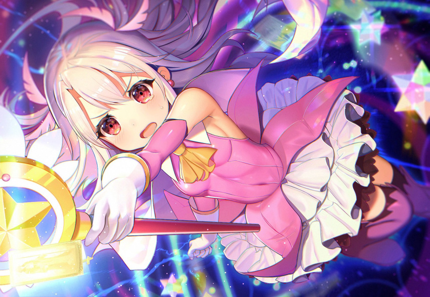 1girl arm_up ascot bangs bare_shoulders blurry blush boots breasts cape clenched_hand commentary_request covered_navel depth_of_field detached_sleeves dress earrings fate/grand_order fate/kaleid_liner_prisma_illya fate_(series) feathers floating_hair foreshortening from_above gloves glowing hair_feathers highres holding holding_wand illyasviel_von_einzbern jewelry kaleidostick leg_up light_particles long_hair looking_at_viewer looking_up magic magical_girl magical_ruby nayuta_(una) open_mouth outstretched_arm pink_dress pink_footwear prisma_illya red_eyes saint_quartz shiny shiny_clothes shiny_hair short_dress sidelocks silver_hair small_breasts solo star sweatdrop tearing_up thigh-highs thigh_boots v-shaped_eyebrows wand white_cape white_feathers white_gloves wind yellow_neckwear