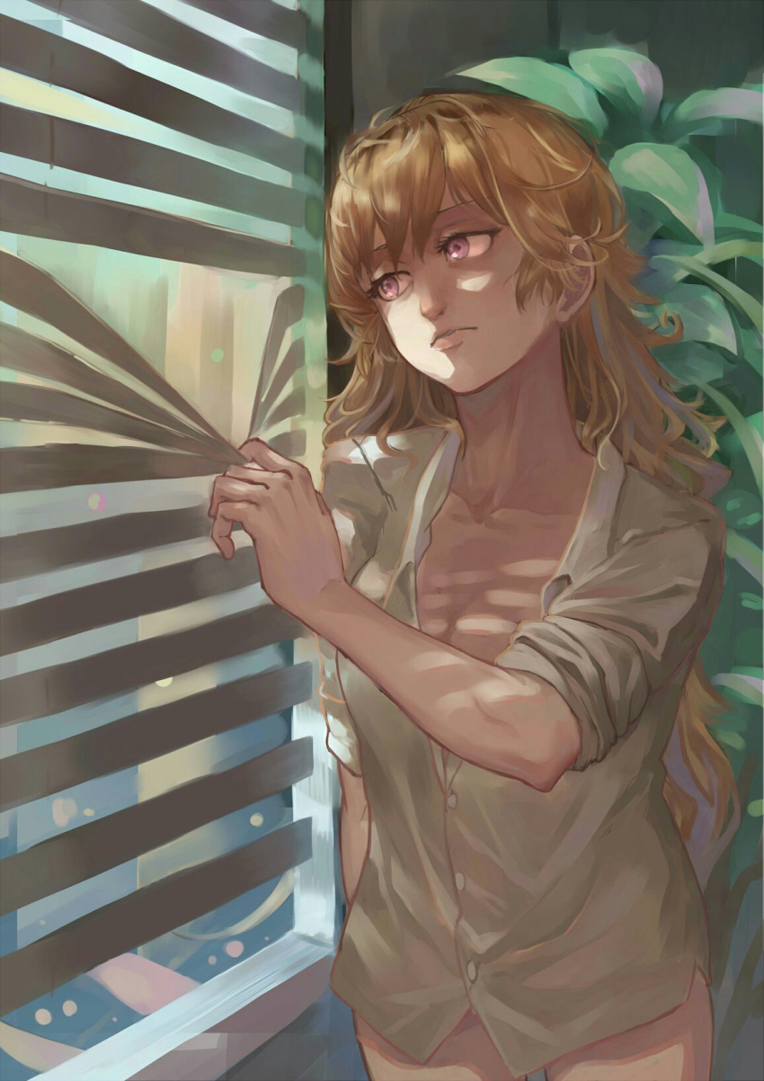 1girl blonde_hair commentary_request highres looking_out_window open_clothes open_shirt rwby shirt solo tobihira violet_eyes window yang_xiao_long