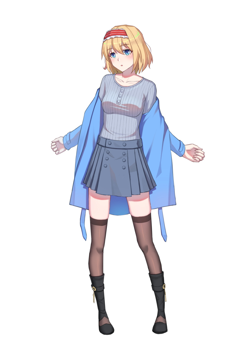 1girl :o alice_margatroid alternate_costume bangs black_footwear blonde_hair blue_eyes blue_jacket blue_skirt blue_sweater blush boots breasts casual collarbone du_mogu eyebrows_visible_through_hair frills full_body hairband head_tilt highres jacket knee_boots legs_apart long_sleeves medium_breasts off_shoulder open_clothes open_jacket open_mouth pleated_skirt short_hair simple_background skirt solo standing surgical_mask sweater thigh-highs thighhighs_under_boots touhou white_background zettai_ryouiki