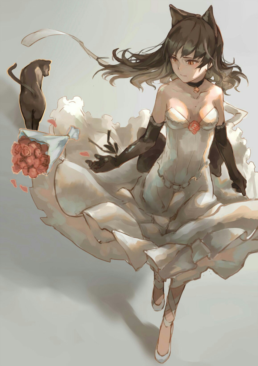 1girl animal_ears black_cat black_hair blake_belladonna bouquet cat cat_ears dress elbow_gloves flower gloves highres rwby strapless strapless_dress tobihira wedding_dress