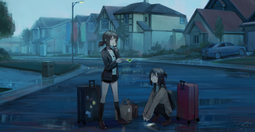 2girls bangs black_hair brown_hair car dated grey_eyes ground_vehicle house huanxiang_heitu jacket kneehighs lamppost long_hair long_sleeves looking_to_the_side low_ponytail morning motor_vehicle multiple_girls original outdoors pantyhose red_eyes road shoes short_ponytail side_ponytail signature squatting standing street suitcase talking_on_phone wet_pavement