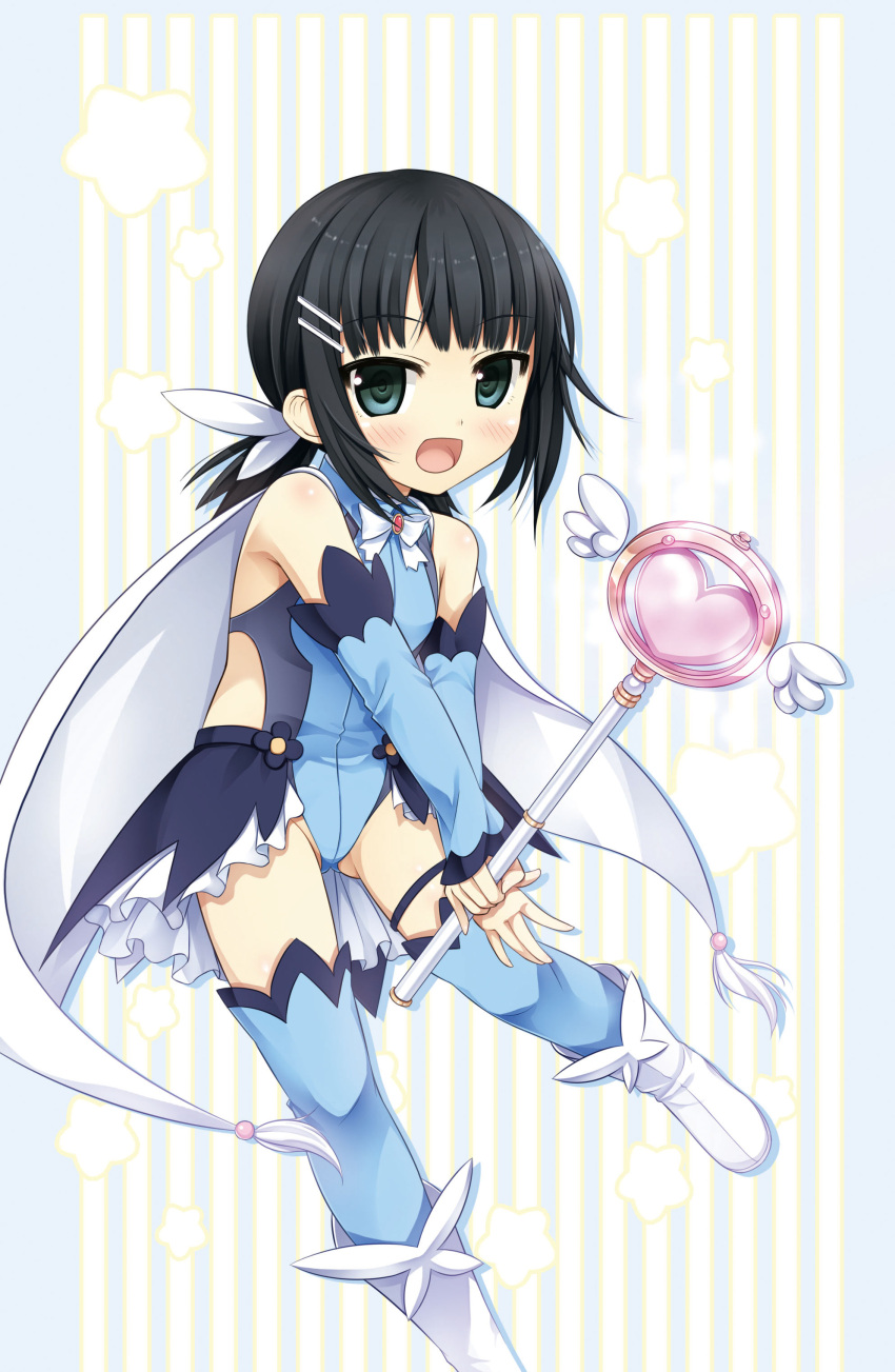 1girl :d absurdres arishima_alice bangs bare_shoulders black_hair blue_legwear blue_leotard blush boots bow brooch cape cosplay cura detached_sleeves enty_reward eyebrows_visible_through_hair fate/kaleid_liner_prisma_illya fate_(series) green_eyes hair_ornament hair_ribbon hairclip heart highres holding holding_wand jewelry leotard long_sleeves looking_at_viewer low_twintails monobeno open_mouth paid_reward ribbon showgirl_skirt sidelocks sleeves_past_wrists smile solo star striped thigh-highs twintails vertical-striped_background vertical_stripes wand white_bow white_cape white_footwear white_ribbon