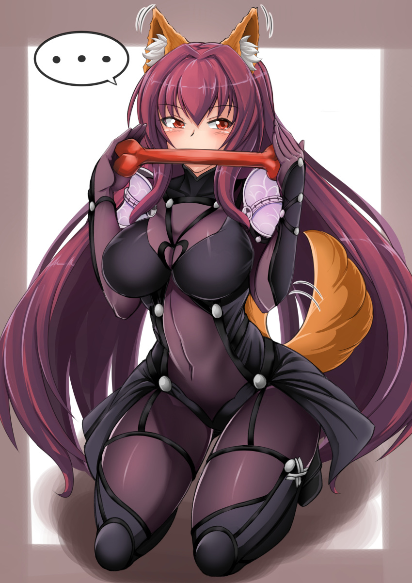 ... 1girl absurdres animal_ears armor bodysuit bone breasts covered_navel fate/grand_order fate_(series) fox_ears fox_tail highres large_breasts long_hair pauldrons purple_bodysuit purple_hair red_eyes scathach_(fate/grand_order) shoulder_armor spoken_ellipsis tail virusotaku